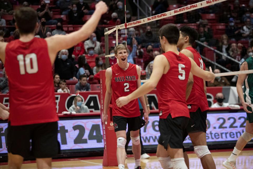 Ball State men’s volleyball's Kaleb Jenness celebrates a point during his team's match against the University of Hawai'i on Monday, Jan. 31, 2022.