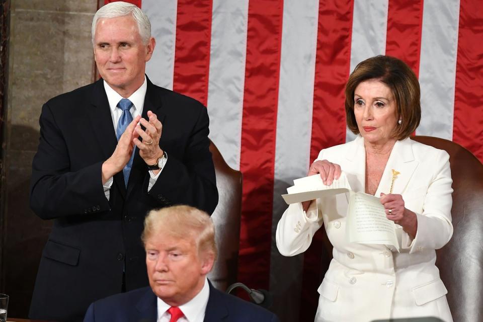 Speaker of the US House of Representatives Nancy Pelosi rips a copy of US President Donald Trumps speech after he delivered the State of the Union address at the US Capitol in Washington, DC, on February 4, 2020 (AFP via Getty Images)