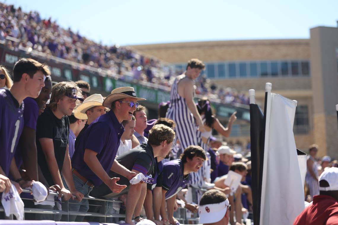 TCU fans react to a referee call during their game against OU at the Amon G. Carter Stadium in Fort Worth on Saturday, Oct. 1, 2022.