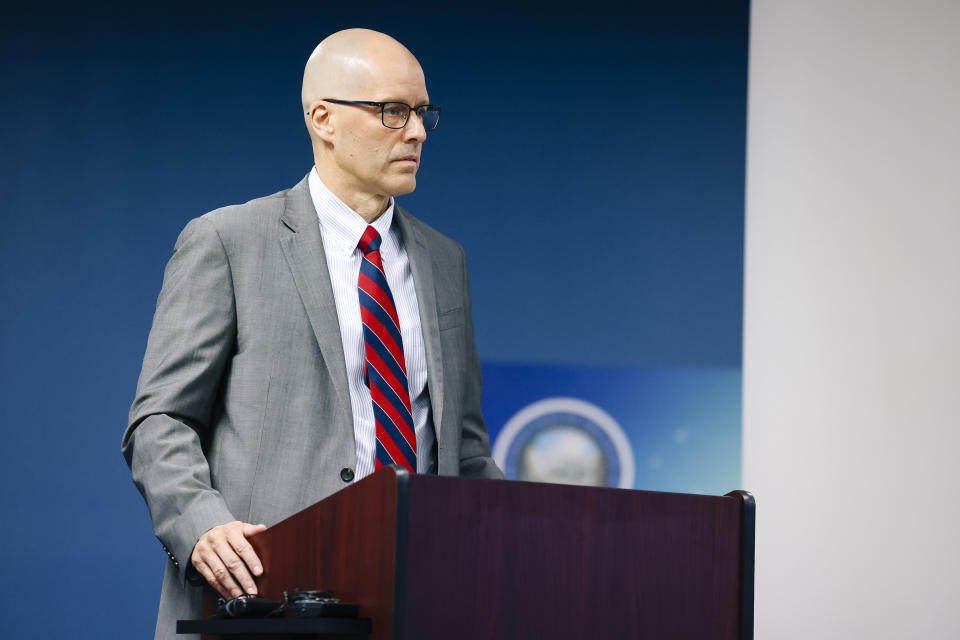 Deputy Chief of Las Vegas Metropolitan Police Department Investigative Services Division James LaRochelle is questioned during a State of Nevada Athletic Commission meeting held to discuss the Nevada Attorney General's investigation findings regarding the death of UNLV student Nathan Valencia, Tuesday, Aug. 23, 2022. (Wade Vandervort/Las Vegas Sun via AP)