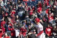 Mar 31, 2019; Washington, DC, USA; Washington Nationals shortstop Trea Turner (7) rounds the bases after hitting a game winning home run during the bottom of the ninth inning against the New York Mets at Nationals Park. Mandatory Credit: Tommy Gilligan-USA TODAY Sports