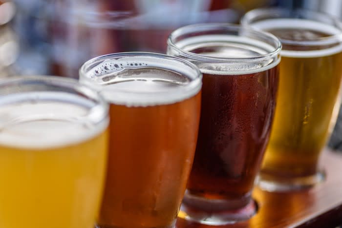 A line of beer glasses.