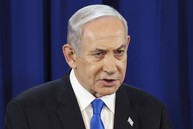 Israeli Prime Minister Benjamin Netanyahu speaks during a press conference in Tel Aviv on Saturday amid the ongoing conflict in the Gaza Strip between Israel and Hamas. Photo: Nir Elias/UPI
