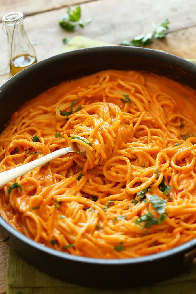 <p>You might even like red pepper sauce better than tomato sauce.</p><p>Get the recipe from <a rel="nofollow noopener" href="http://minimalistbaker.com/vegan-roasted-red-pepper-pasta-gf/#_a5y_p=2099867" target="_blank" data-ylk="slk:Minimalist Baker;elm:context_link;itc:0;sec:content-canvas" class="link ">Minimalist Baker</a>.</p>