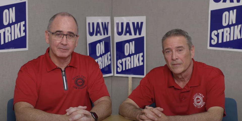 UAW President Shawn Fain and Vice President Chuck Browning discuss reaching a deal with Ford in a Facebook Live video