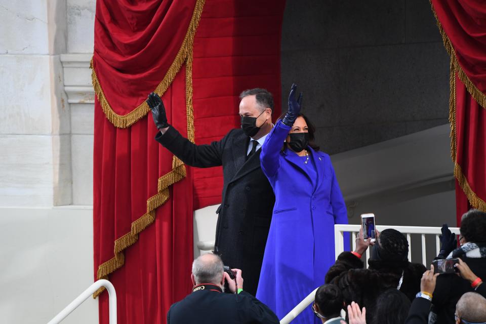 Second Gentleman Douglas Emhoff and Vice President-elect Kamala Harris arrive to the 2021 Presidential Inauguration at the U.S. Capitol.