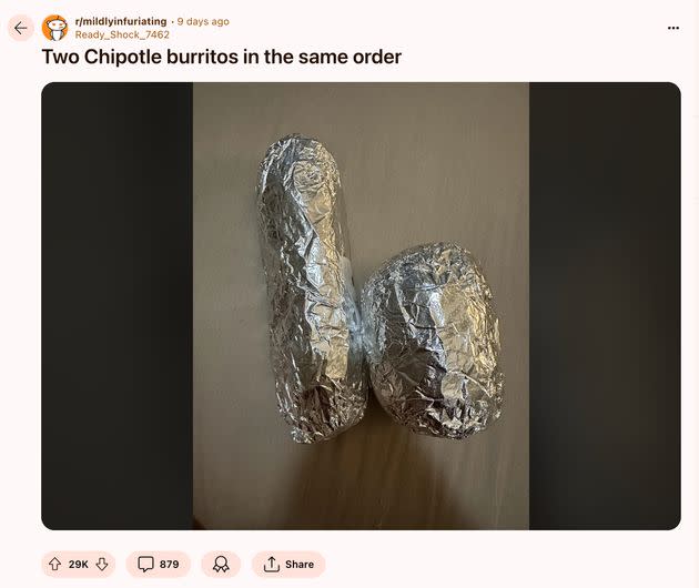 On Reddit, people rant about the small or misshapen burritos they've received.