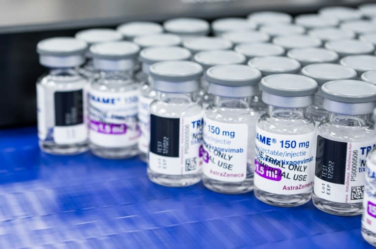 Des flacons du vaccin AstraZeneca contre le Covid-19 sur une ligne de production, le 8 février 2022 à Södertälje, en Suède (Jonathan NACKSTRAND)