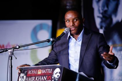 Devon Alexander speaks at a press conference promoting his fight with Amir Khan. (Getty)