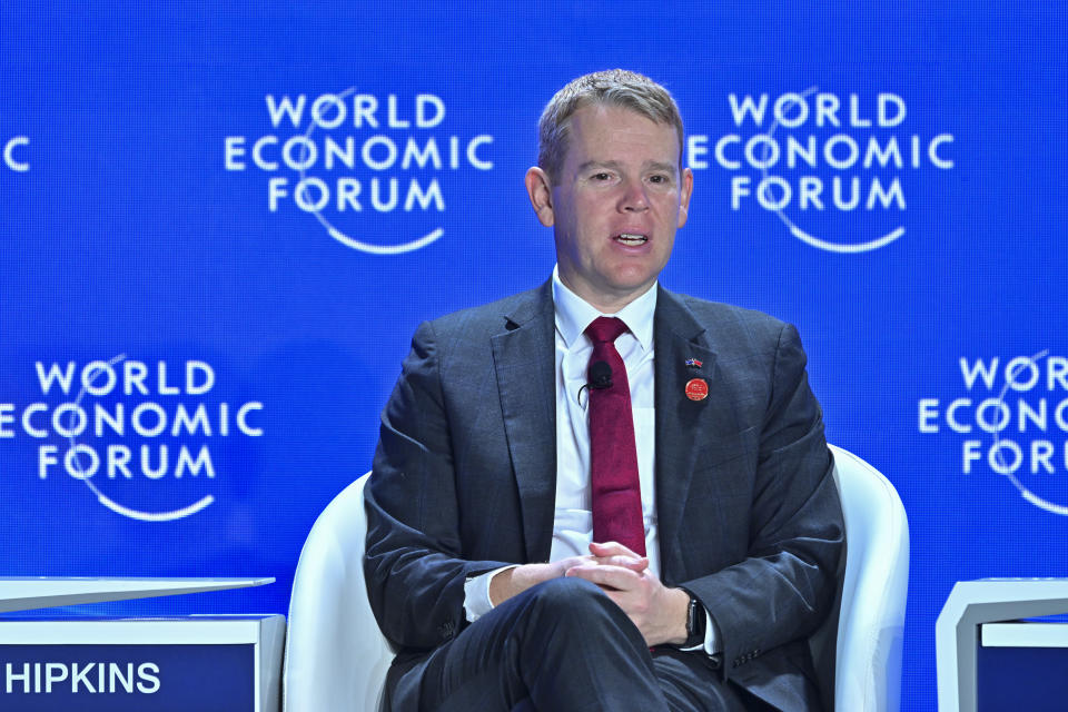 In this photo released by Xinhua News Agency, New Zealand Prime Minister Chris Hipkins speaks at the "Braving the Headwinds: Rewiring Growth Amid Fragility" a dialogue session for the World Economic Forum's Annual Meeting of the New Champions 2023, also known as the Summer Davos, at the Meijiang Convention and Exhibition Center in northern China's Tianjin Municipality, Tuesday, June 27, 2023. (Li Xin/Xinhua via AP)