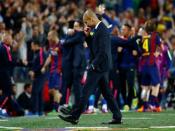 Football - FC Barcelona v Bayern Munich - UEFA Champions League Semi Final First Leg - The Nou Camp, Barcelona, Spain - 6/5/15 Bayern Munich coach Josep Guardiola looks dejected Reuters / Kai Pfaffenbach