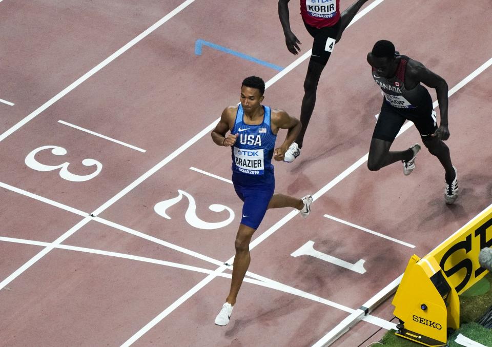 Donavan Brazier, of the United States, wins his heat during the men's 800 meter semi finals at the World Athletics Championships in Doha, Qatar, Sunday, Sept. 29, 2019. (AP Photo/Morry Gash)