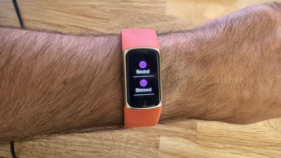 The post-EDA sensor reading screen showing mood options on the Fitbit Charge 6