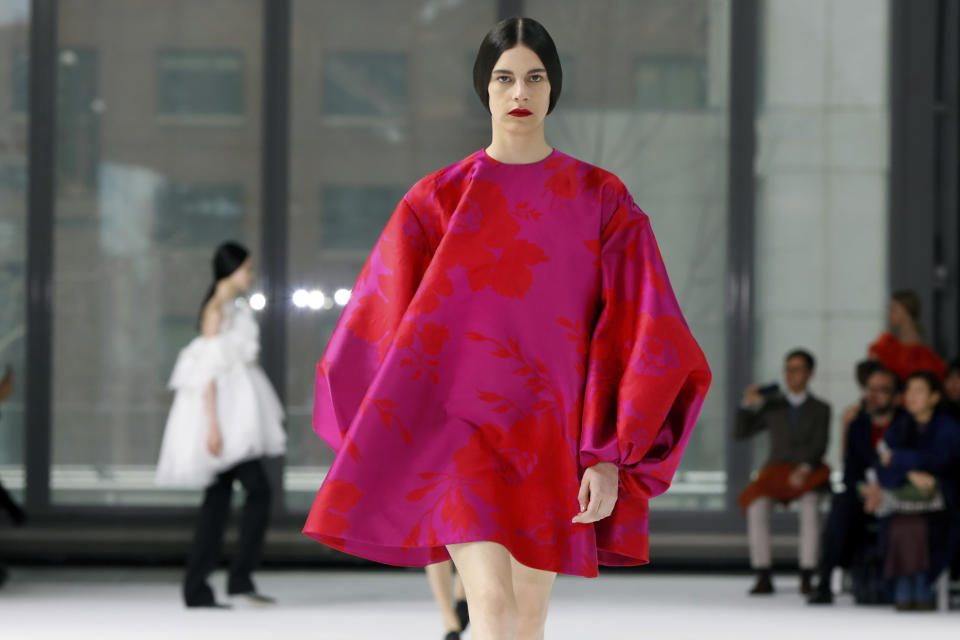 The Carolina Herrera collection is modeled during Fashion Week in New York, Monday, Feb. 10, 2020. (AP Photo/Richard Drew)