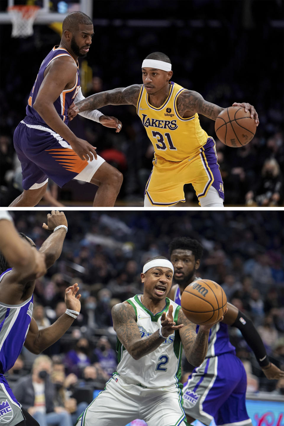 FILE - Top, Isaiah Thomas drives for the Los Angeles Lakers against Phoenix Suns' Chris Paul during the second half of an NBA basketball game Tuesday, Dec. 21, 2021, in Los Angeles. Bottom, Isaiah Thomas (2) plays for the Dallas Mavericks during the first quarter of an NBA basketball game in Sacramento, Calif., Wednesday, Dec. 29, 2021. It could be argued the untold MVP's of this season were the more than 100 players signed to short-term hardship contracts to fill in when almost every team was decimated by the Omicron variant and other virus issues in December and January. (AP Photo/File)