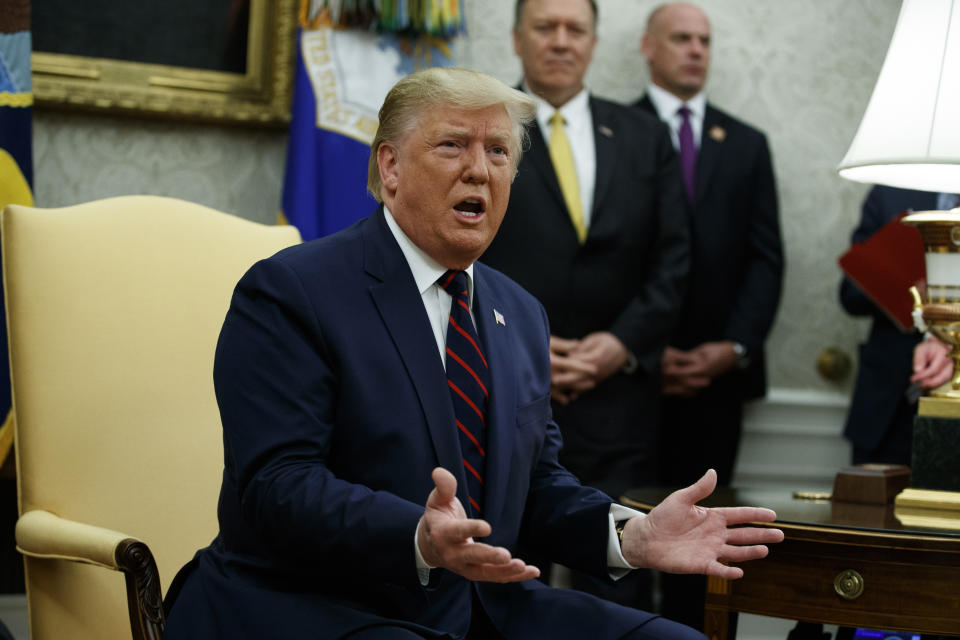 President Donald Trump in the Oval Office of the White House, Tuesday, Oct. 15, 2019, in Washington. (AP Photo/Evan Vucci)                                                                                                                                                                                                                                                                                                                                            