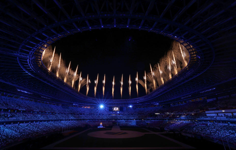 <p>Fireworks are seen during the Closing Ceremony of the Tokyo 2020 Olympic Games at Olympic Stadium on August 08, 2021 in Tokyo, Japan. (Photo by Leon Neal/Getty Images)</p> 