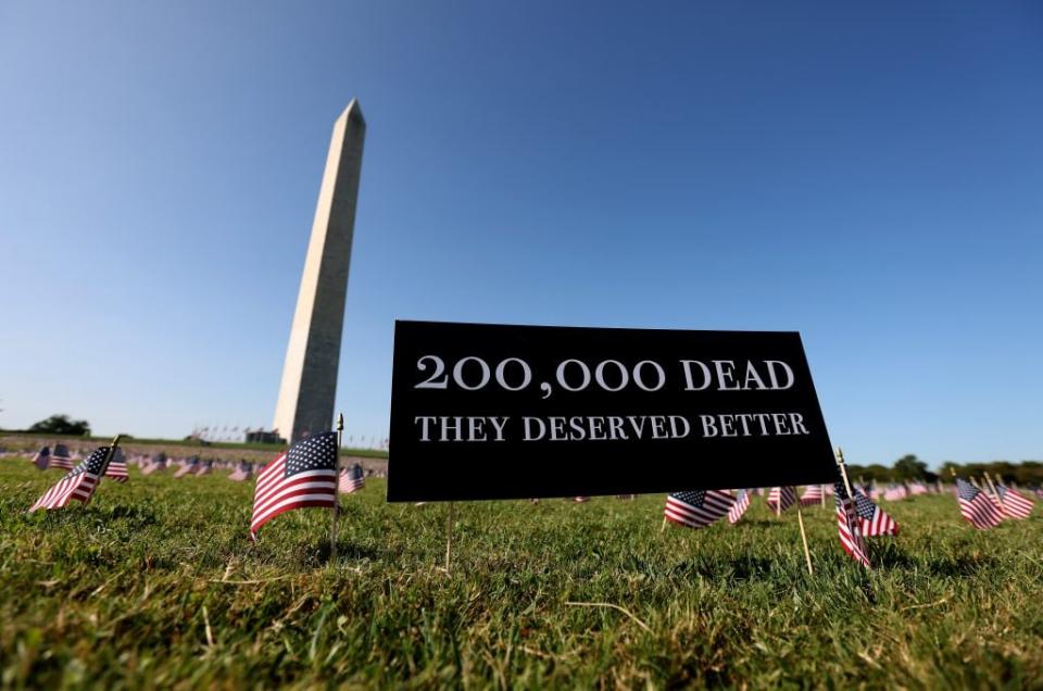 American flags at a COVID Memorial Project installation of 20,000 flags are shown on the National Mall as the United States crosses the 200,000 lives lost in the COVID-19 pandemic September 22, 2020 in Washington, DC. (Photo by Win McNamee/Getty Images)