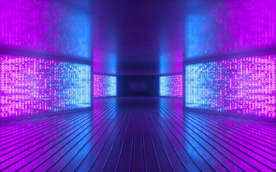 3d render, blue pink neon light abstract background, night club empty room interior, tunnel or corridor, glowing panels, fashion podium, performance stage decorations,