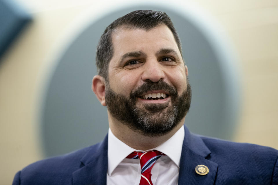 FILE - Pennsylvania state Rep. Mark Rozzi, D-Berks, speaks before Gov. Tom Wolf signs legislation into law at Muhlenberg High School in Reading, Pa., on Nov. 26, 2019. The narrowly divided state House of Representatives elected Rozzi as the new speaker Tuesday, Jan. 3, 2023. (AP Photo/Matt Rourke, File)