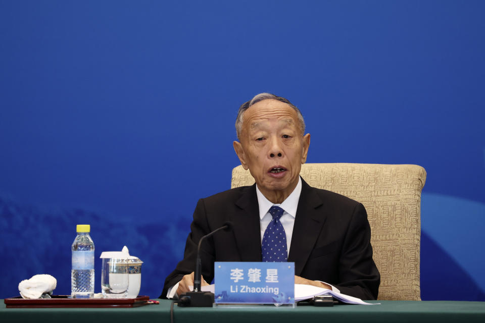 China's former Foreign Minister Li Zhaoxing speaks at the 7th China-Australia High Level Dialogue at the Diaoyutai State Guesthouse in Beijing Thursday, Sept. 7, 2023. (Florence Lo/Pool Photo via AP)