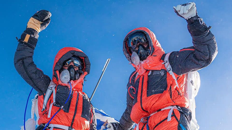 Shayna Unger (left) and Scott Lehmann celebrate their Everest ascent. - Courtesy Shayna Unger and Scott Lehmann