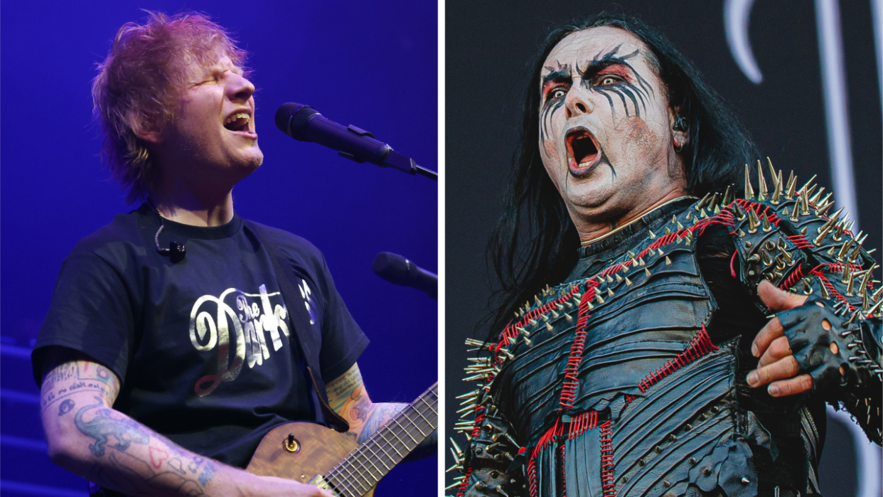  Photos of Ed Sheeran and Dani Filth performing onstage. 