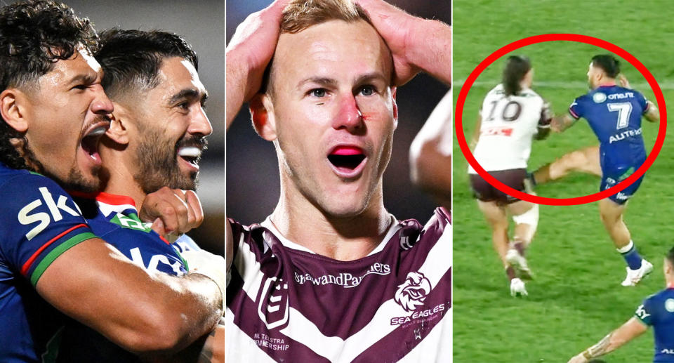 The Warriors drew against Manly in the NRL after a controversial late penalty for a foul on Shaun Johnson. Pic: Getty/Fox League