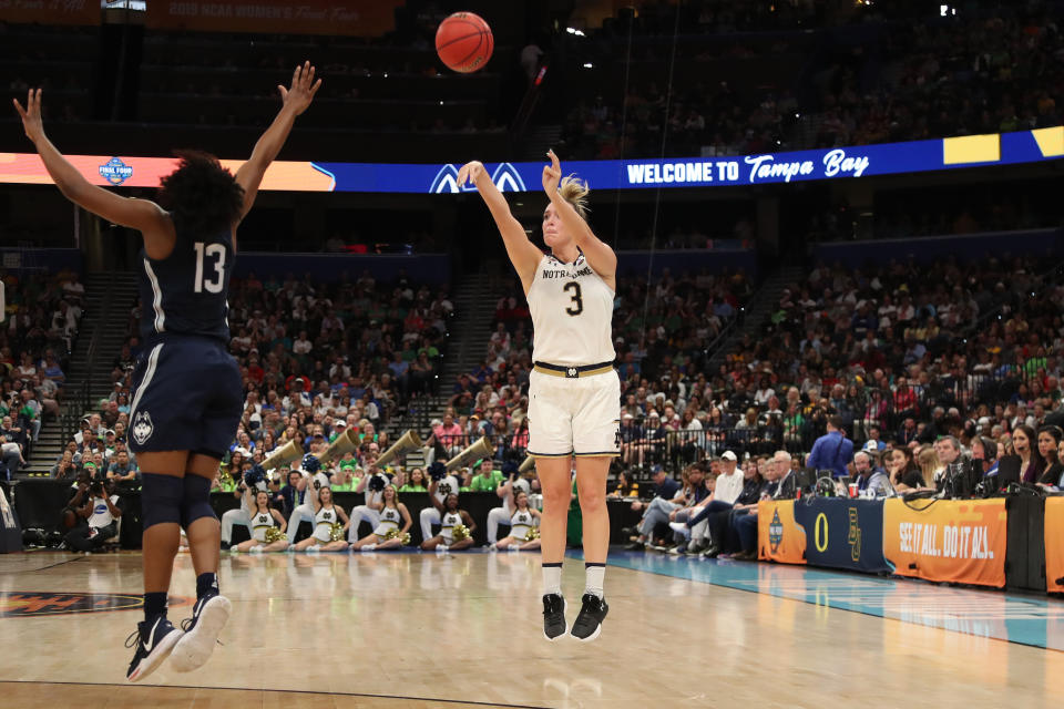 Apr 5, 2019; Tampa, FL, USA; Notre Dame Fighting Irish guard Marina Mabrey (3) shoots the ball over UConn Huskies guard Christyn Williams (13) during the first half in the semifinals of the women’s Final Four of the 2019 NCAA Tournament at Amalie Arena. Kim Klement-USA TODAY Sports