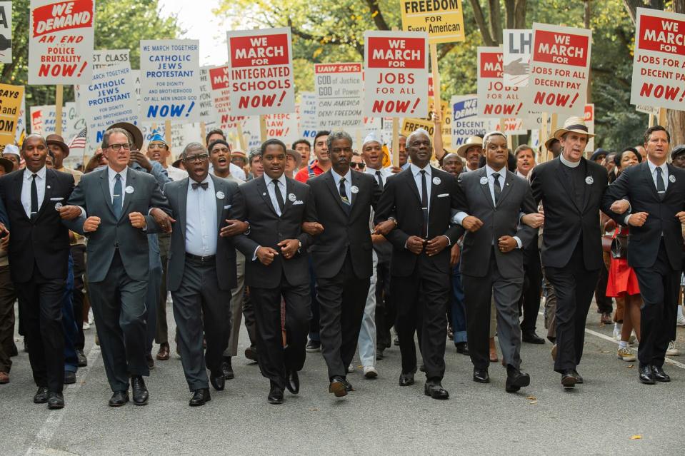 rustin l to r michael potts as cleve robinson, aml ameen as martin luther king, chris rock as naacp exec dir roy wilkins and glynn turman as a philip randolph