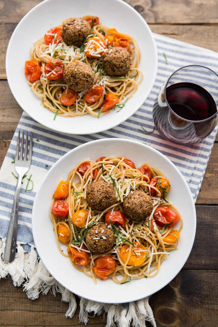 <strong>Get the <a href="http://naturallyella.com/lentil-meatballs-with-burst-tomato-pasta/">Lentil Meatballs with Burst Tomato Pasta recipe</a>&nbsp;from Naturally Ella</strong>