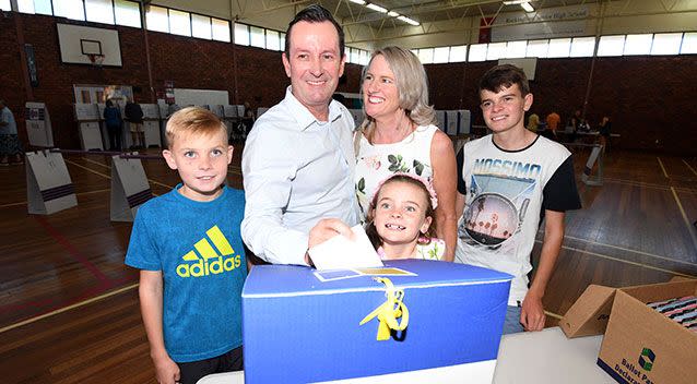 Mark McGowan voted with his family on Saturday morning. Picture: AAP