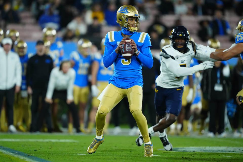 Nov 25, 2023; Pasadena, California, USA; UCLA Bruins quarterback Dante Moore (3) throws the ball against the California Golden Bears in the first half at Rose Bowl. Mandatory Credit: Kirby Lee-USA TODAY Sports