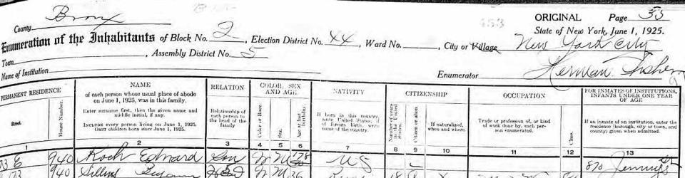 CORRECTS DATE OF CENSUS TO 1925 INSTEAD OF 1915 - This image taken from microfilm and provided by Ancestry.com shows a page from the 1925 New York State Census with the name Edward Koch. Koch, who went on to practice law and become the mayor of New York City, is one of many notable New Yorkers who will be searchable online by name when the 1915 and 1925 New York States censuses and the 1940 U.S. Census become searchable by family name at midnight, June 5, 2012. (AP Photo/Ancestry.com)