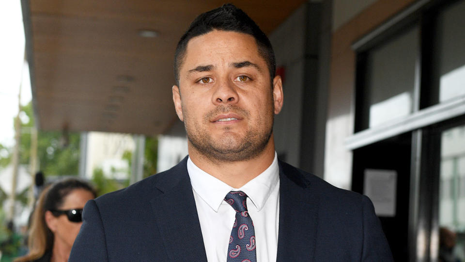 Former NRL star Jarryd Hayne is seen here at court in Newcastle for his sexual assault trial.