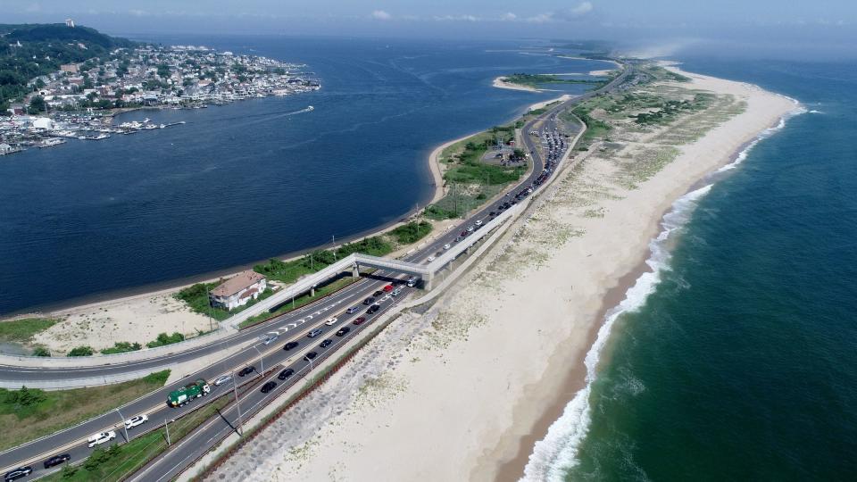 Cars waits to enter Sandy Hook.