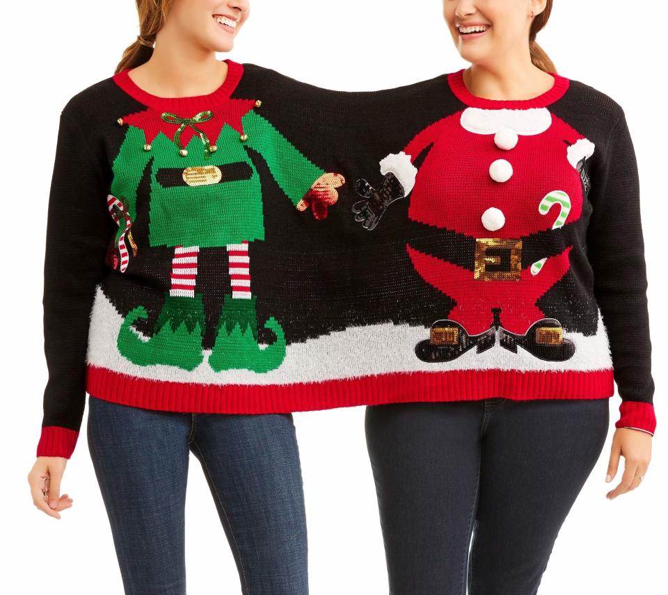 This is a <a href="https://www.walmart.com/ip/Holiday-Time-Women-s-Ugly-Christmas-Sweater-Elf-Santa-Double/960351362" target="_blank">really cute sweater</a> to wear to a Christmas party, provided your partner is somewhat the same height. Be prepared to hear lots of comments like "Where's Mrs. Claus?" or "Santa's got a side elf!"<a href="https://www.walmart.com/ip/Holiday-Time-Women-s-Ugly-Christmas-Sweater-Elf-Santa-Double/960351362"><br /><br /></a>