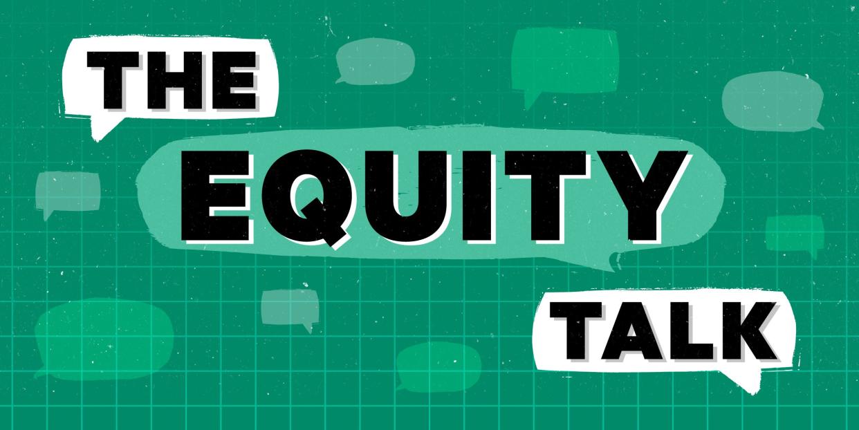 "The Equity Talk" in talk bubbles with smaller faint talk bubbles behind it on a gridded green background