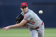 Cincinnati Reds starting pitcher Nick Lodolo works against a San Diego Padres batter during the first inning of a baseball game, Monday, April 29, 2024, in San Diego. (AP Photo/Gregory Bull)