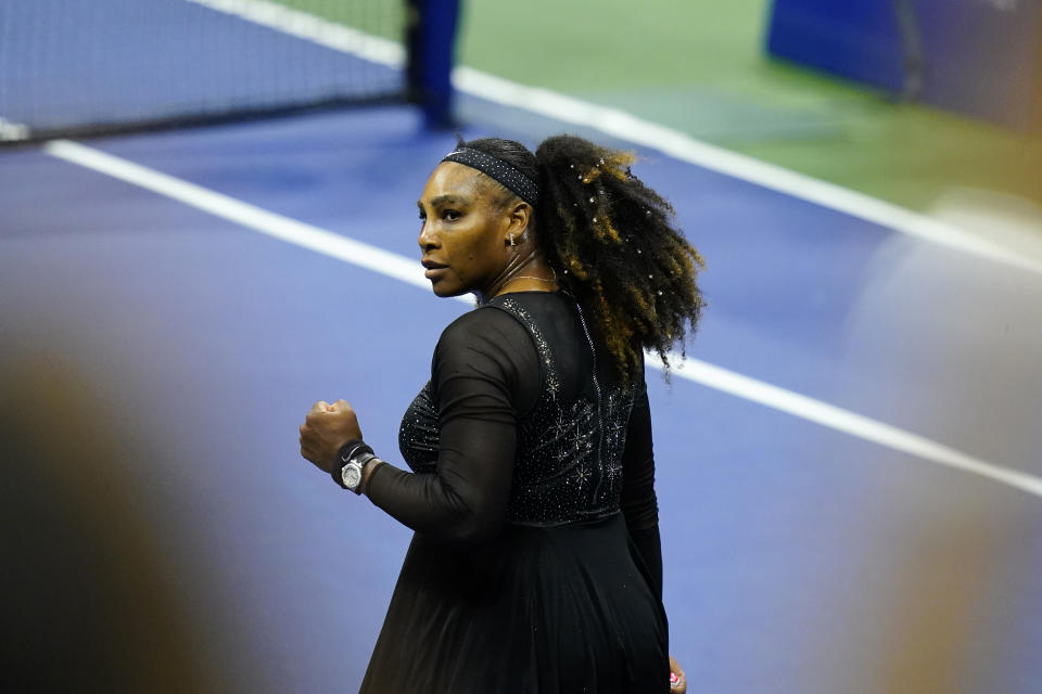 Serena Williams, of the United States, reacts after beating Anett Kontaveit, of Estonia, in the second round of the U.S. Open tennis championships, Wednesday, Aug. 31, 2022, in New York. (AP Photo/Frank Franklin II)