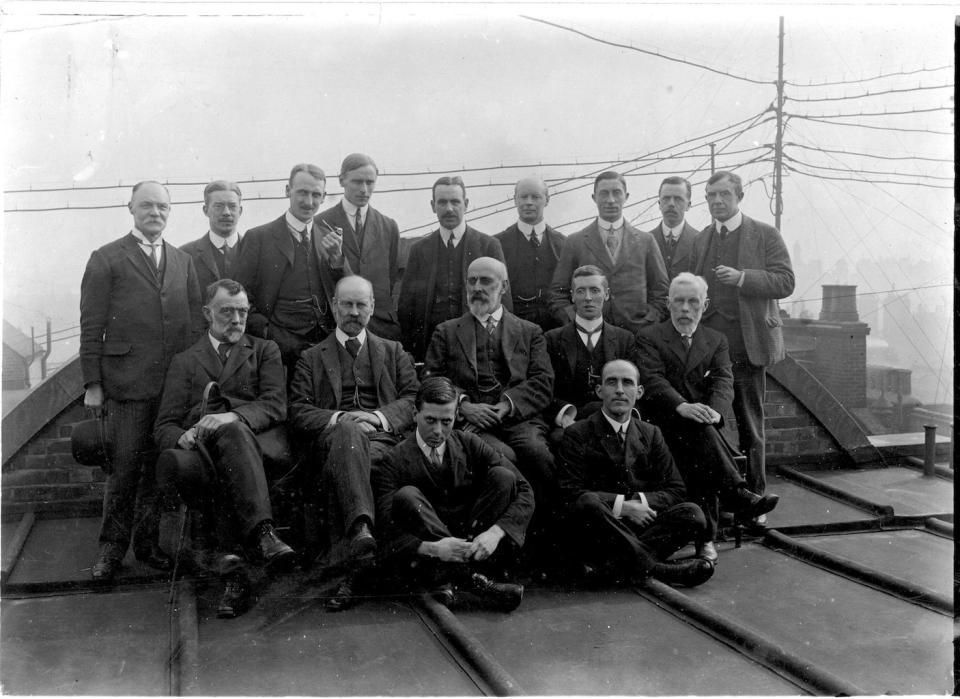 H. H. Thomas (back row, fifth from the left), stands with British Geological Survey members. <cite>Copyright Natural Environment Research Council; reproduced with permission of the British Geological Survey, image P008712; Antiquity 2018</cite>