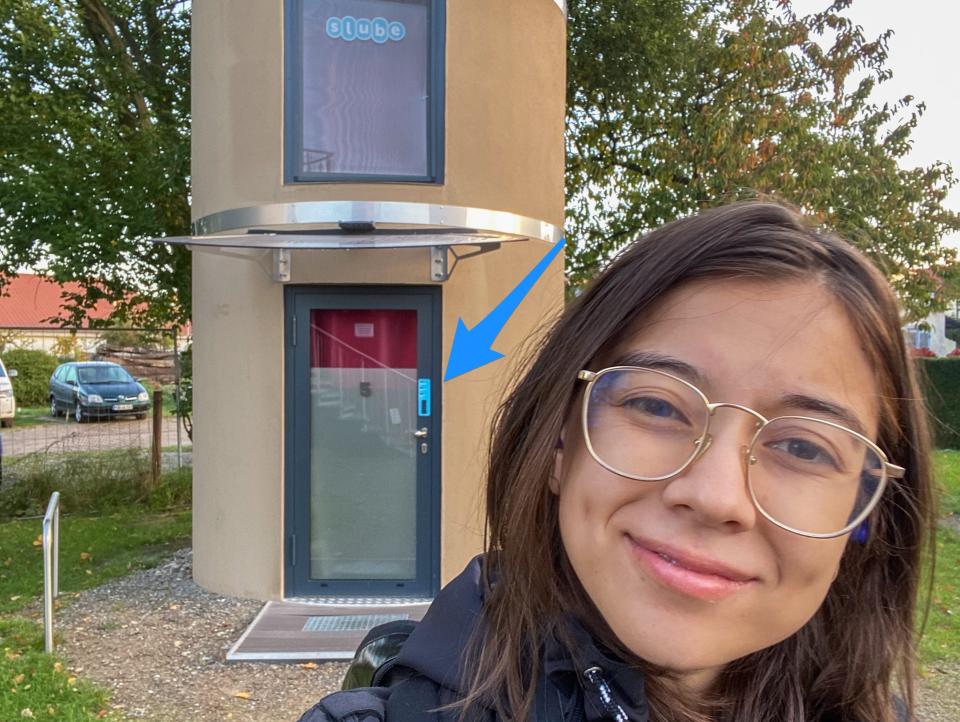 The author in front of her slube with a seemless check-in process.