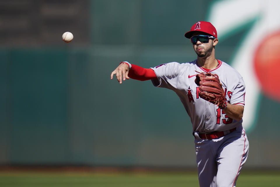 Los Angeles Angels shortstop Liván Soto throws to first for an out on Oakland Athletics' Stephen Vogt during the second inning of a baseball game in Oakland, Calif., Wednesday, Oct. 5, 2022. (AP Photo/Godofredo A. Vásquez)