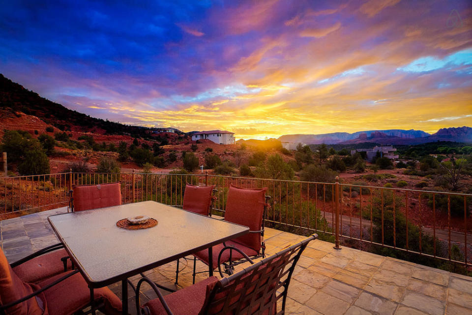 The House of the Smiling Sun, as it's named, is "perched on the side of a canyon surrounded by the most stunning views of Cathedral Rock, Seven Sisters, the Mongolian Rim, Pyramid Rock and other red rock vistas."<br>  <strong>City:</strong> Sedona<br> <strong>Title:</strong> <a href="http://airbnb.com/rooms/45216" target="_blank">Luxury home with breathtaking views</a><br> <strong>Nightly rate:</strong> $750<br> <strong>Bedrooms:</strong> 3<br> <strong>Occupancy rate:</strong> 63 percent<br> <strong>Reviews:</strong> 18<br>      