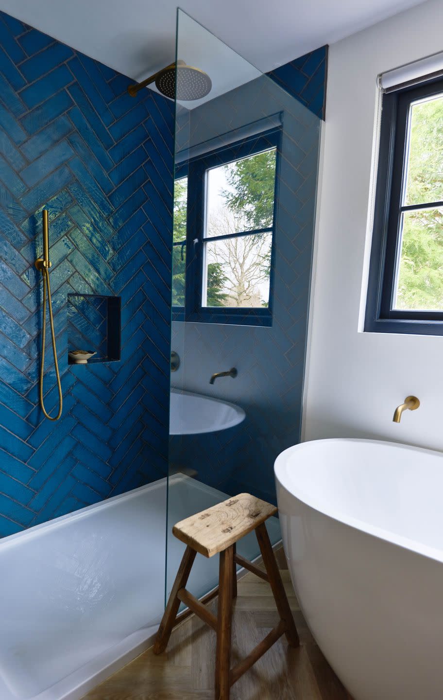 st albans home victorian home renovation blue tiled bathroom freestanding bath