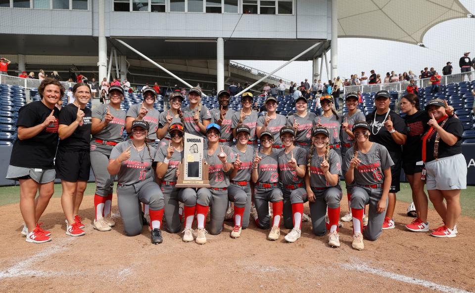Spanish Fork poses for a photo after winning the 5A softball championship game against Bountiful at the Miller Park Complex in Provo on Friday, May 26, 2023. Spanish Fork won 8-4. | Kristin Murphy, Deseret News