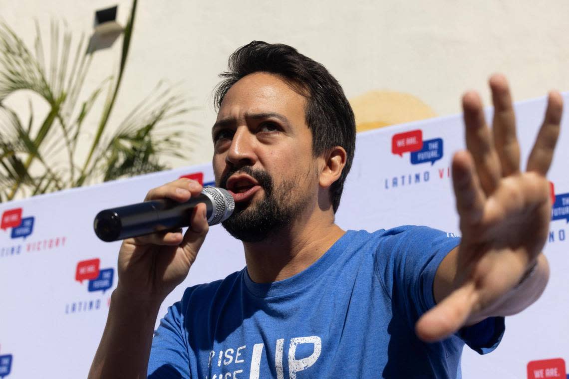 Award-winning artist Lin-Manuel Miranda speaks during a Latino Victory Fund’s Get Out The Vote Rally for Florida Democratic candidates on Thursday, Oct. 20, 2022, at Books & Books in Coral Gables.
