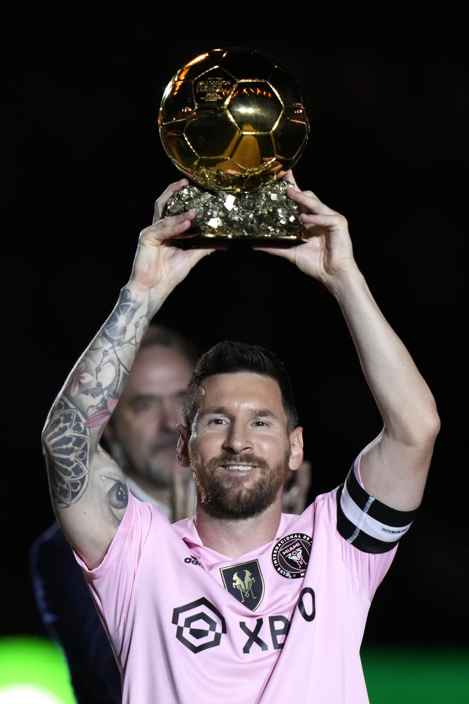 Inter Miami forward Lionel Messi holds his Ballon d'Or trophy before the team's club friendly soccer match against New York City FC, Friday, Nov. 10, 2023, in Fort Lauderdale, Fla. (AP Photo/Lynne Sladky)