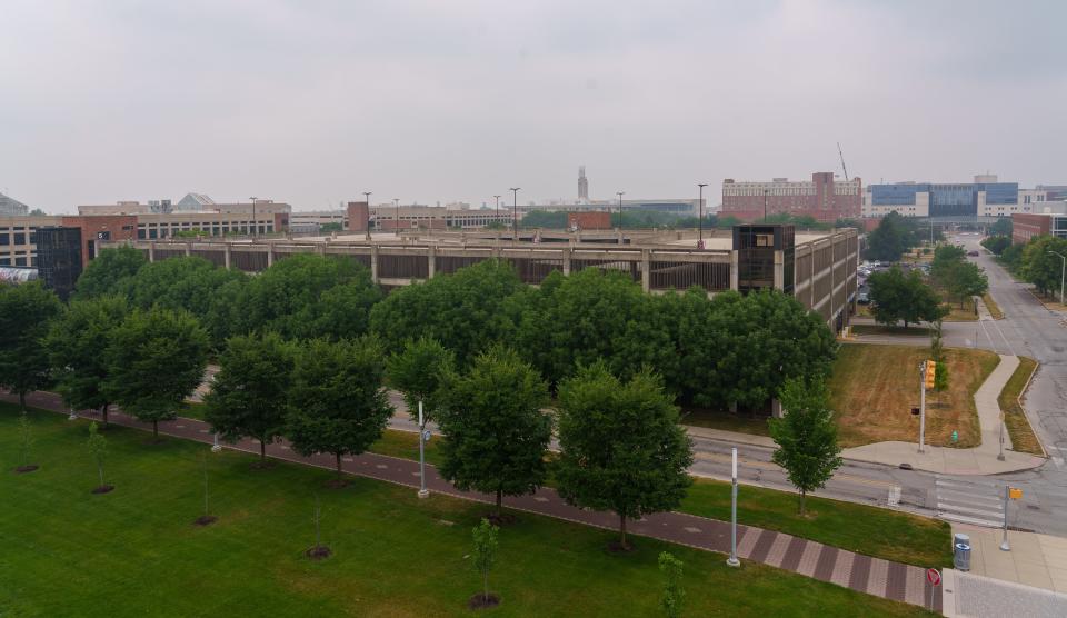 A view west from the Gateway Parking Garage on Tuesday, June 27, 2023, on the IUPUI campus. The garage sits on the corner of North Blackford and West Michigan Streets, an area that is expected to see more development in coming years. 