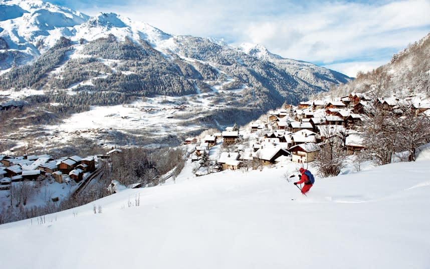 Exploring the off-piste terrain above Sainte Foy - Photo©Mark Junak. All Copyright remains the ownership of the Author. Snow Images retains the right to license and sell this image